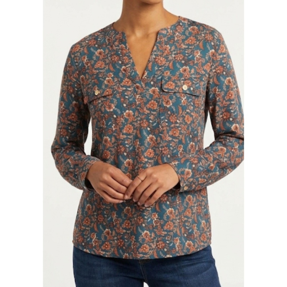 Shol Los Angeles Women's Floral Blouse Size L Orange & Blue Sleeve 3/4 NWT